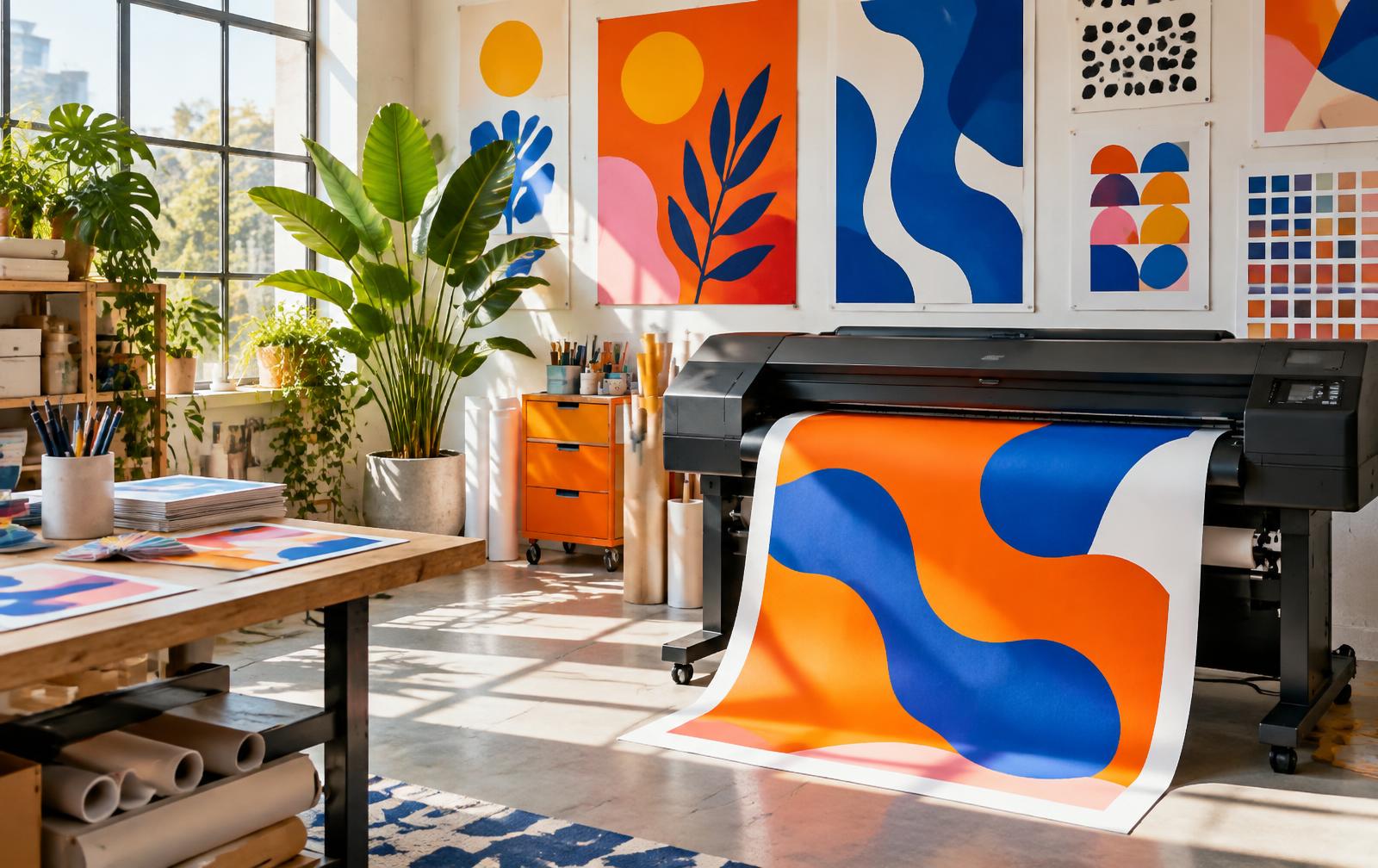 Bright print studio with posters and a large format printer