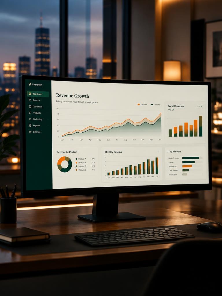 Revenue dashboard on a monitor in an office at night